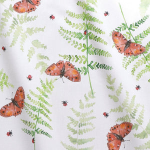 Butterfly and Fern fabric by Seed Home Designs in green and red, full repeat of butterflies and ferns