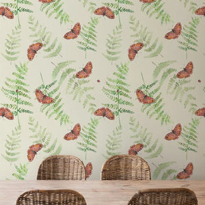 Sustainable Butterfly and wallpaper by Seed Home Designs in green, butterflies and ferns in a dining area