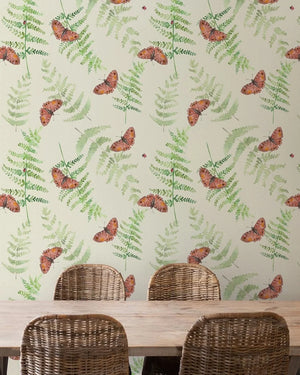 Sustainable Butterfly and wallpaper by Seed Home Designs in green, butterflies and ferns in a dining area