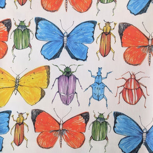 Beetle and Butterfly fabric by Seed Home Designs in red, blue and green, full repeat of watercolour beetles and butterflies