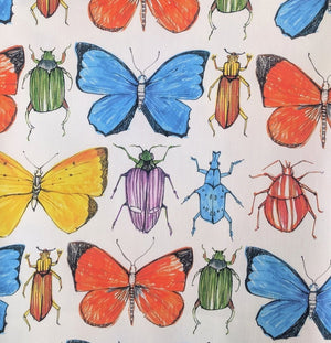 Beetle and Butterfly fabric by Seed Home Designs in red, blue and green, full repeat of watercolour beetles and butterflies