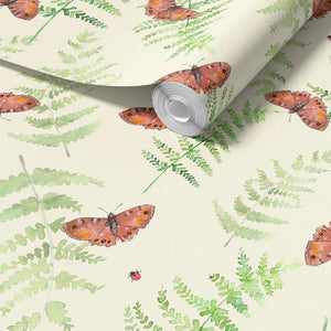 Sustainable Butterfly and wallpaper by Seed Home Designs in cream, flat sample of butterflies and ferns