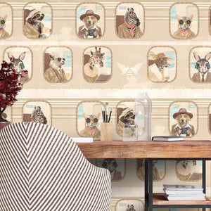 Cabin Class wallpaper by Brand McKenzie in beige, animal passengers in train windows in a home office