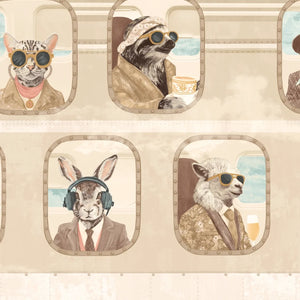 Cabin Class wallpaper by Brand McKenzie in beige, close-up of animal passengers in train windows