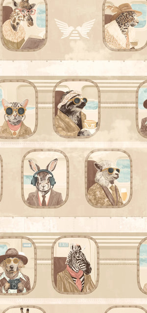 Cabin Class wallpaper by Brand McKenzie in beige, close-up of animal passengers in train windows
