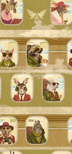 Cabin Class wallpaper by Brand McKenzie in olive, detail of animal passengers in train windows