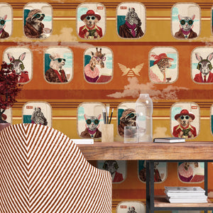 Cabin Class wallpaper by Brand McKenzie in green, animal passengers in train windows behind a desk in a home office