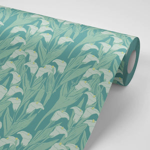 Calla Lily wallpaper by Annika Reed in green and white, roll showing calla lilies