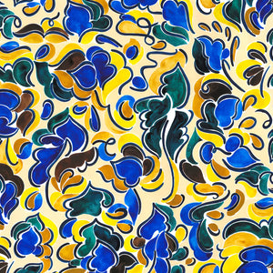 Camilla linen by Claire de Quénetain in yellow, flat sample of a hand-painted floral design