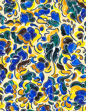 Camilla linen by Claire de Quénetain in yellow, flat sample of a hand-painted floral design