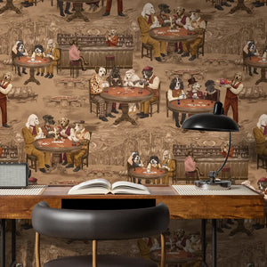 Canine Cards wallpaper by Brand McKenzie in brown, dogs playing cards in a home office