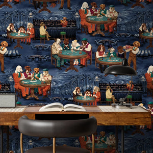 Canine Cards wallpaper by Brand McKenzie in navy, dogs playing cards behind a desk in a home office