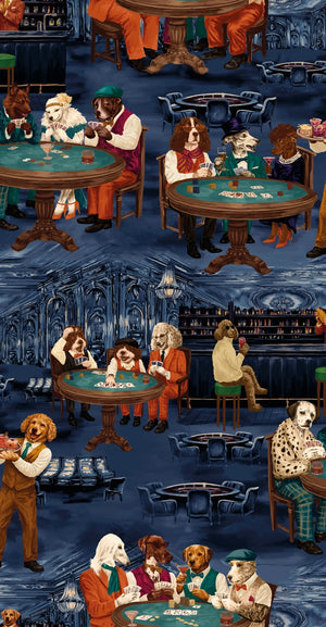Canine Cards wallpaper by Brand McKenzie in blue, detail of dogs playing cards