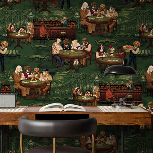 Canine Cards wallpaper by Brand McKenzie in blue, dogs playing cards in a home office