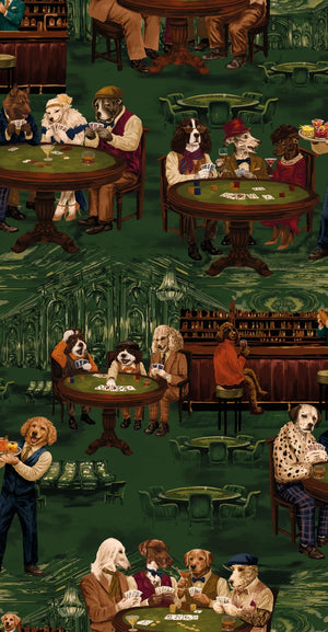 Canine Cards wallpaper by Brand McKenzie in green, close view of dogs playing cards
