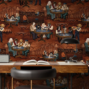 Canine Cards wallpaper by Brand McKenzie in brown, dogs playing cards above a work desk