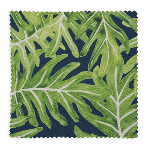 Canopy linen by Bethie Tricks in navy, flat sample of palm fronds