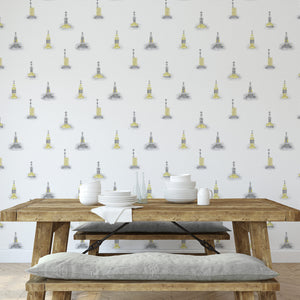 Cardinal wallpaper by XV Interiors in yellow, lighthouses and buoys in a bedroom