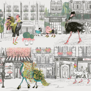 Catwalk wallpaper by Brand McKenzie in black and white, close-up of animals parading down a city street