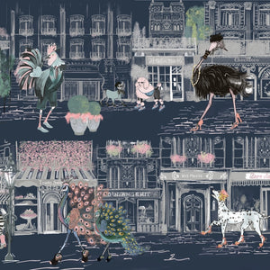 Catwalk wallpaper by Brand McKenzie in blue, detail of animals parading down a city street