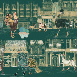 Catwalk wallpaper by Brand McKenzie in teal, close view of animals parading down a city street