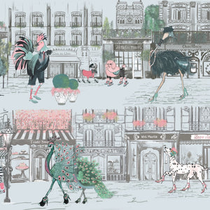 Catwalk wallpaper by Brand McKenzie in pink and blue, close-up of animals parading down a city street