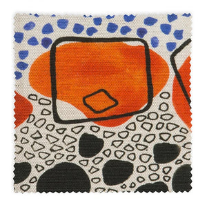 Cellular linen by Bethie Tricks in orange and black, full repeat of bold cell shapes
