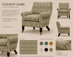 Structured Chaos linen by Dami and Em Design in navy, product sheet showing a geometric design