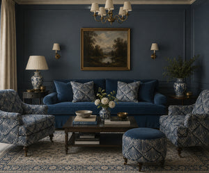 Velour Éventail Linen Fabric in Great Gatsby in a navy living room