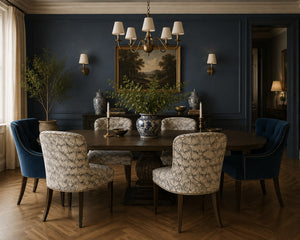 Velour Éventail Linen Fabric in Champagne on dining chairs