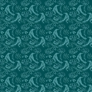 Chattering of Choughs wallpaper by Annika Reed in teal, flat sample of choughs among leaves