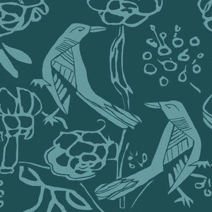Chattering of Choughs wallpaper by Annika Reed in teal, close-up of choughs among leaves
