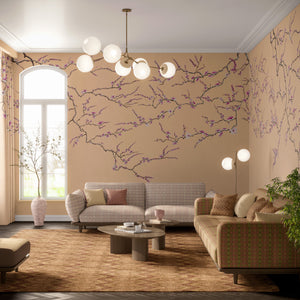 Blossom wallpaper by Dami and Em Design in pink, blossom branches in a living room