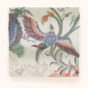 Chintz 21 linen by Parker and Jules in cream and red, flat sample of a chintz of birds and flowers