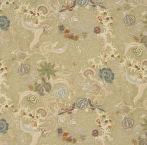 Chintz 21 linen by Parker and Jules in beige, full repeat of a chintz of birds and flowers