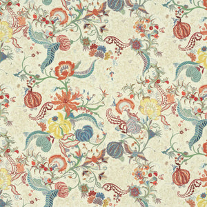 Chintz 21 linen by Parker and Jules in cream and red, full repeat of a chintz of birds and flowers
