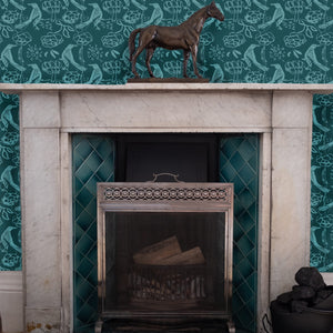 Chattering of Choughs wallpaper by Annika Reed in teal, choughs among leaves around a fireplace