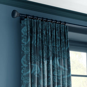 Chattering of Choughs linen by Annika Reed in teal, choughs among leaves made into curtains