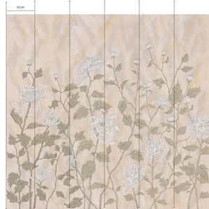 White Chrysanthemums wallpaper by Dami and Em Design in white and beige, flat sample of chrysanthemums