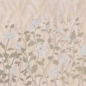 White Chrysanthemums wallpaper by Dami and Em Design in white and beige, full repeat of chrysanthemums
