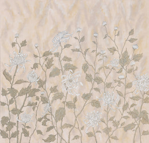 White Chrysanthemums wallpaper by Dami and Em Design in white and beige, full repeat of chrysanthemums