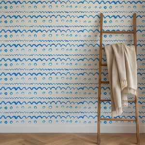 Circles in the Waves wallpaper by Seed Home Designs in blue and white, watercolour circles and waves in a bathroom