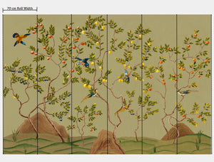 Citrus Trees wallpaper by Dami and Em Design in blue, flat sample of citrus trees