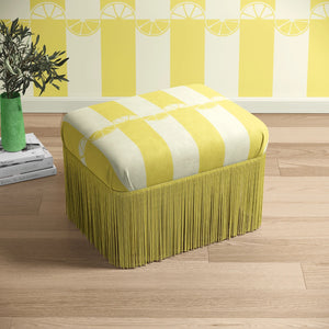 Citrus Collection Eco velvet by Liberty James Studio in yellow and white, wide stripes upholstered on a fringed footstool