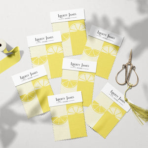 Citrus Collection Eco velvet by Liberty James Studio in yellow and white, sample swatch set showing wide stripes