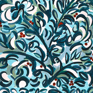 Clementine linen by Claire de Quénetain in blue, flat sample of a hand-painted floral design