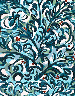Clementine linen by Claire de Quénetain in blue, flat sample of a hand-painted floral design