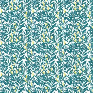 Climbing Vine wallpaper by Annika Reed in teal and yellow, full repeat of climbing vines