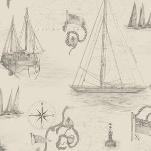 Cowes wallpaper by XV Interiors in cream, flat sample of sailing boats and anchors