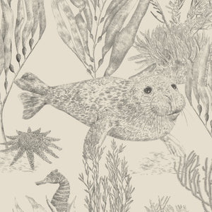 Seaview wallpaper by XV Interiors in cream, detail of fish among seaweed